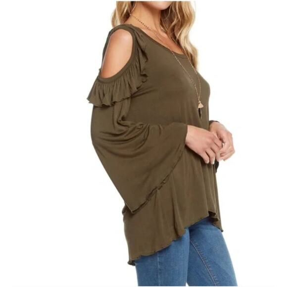 Chaser Bell  Sleeve Cold Shoulder Long Sleeve Top Olive Green Women's Medium - Picture 8 of 9